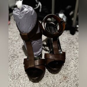 Ralph Lauren Dark Brown Leather T-Strap Platform Heels